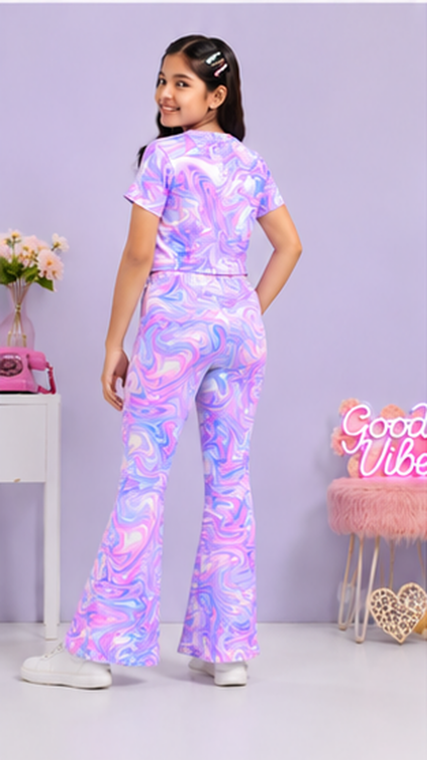Girls Rainbow Marble Co-Ord Set | Kids Crop Top & Bell Bottom Pants Outfit | Trendy Party Wear for Girls