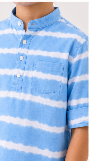 Boys Sky Blue Tie-Dye Striped Mandarin Collar Shirt (Full Sleeve)
