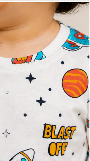 Space Rocket Print Kids Co-Ord Set – Blast Off Cotton T-Shirt & Shorts for Girls