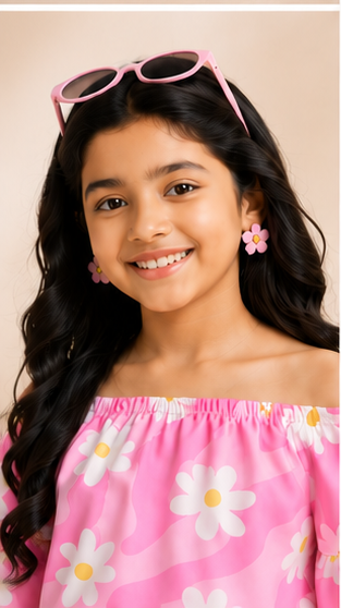 Girls Pink Daisy Floral Off-Shoulder Co-ord Set with Tie-Up Shorts