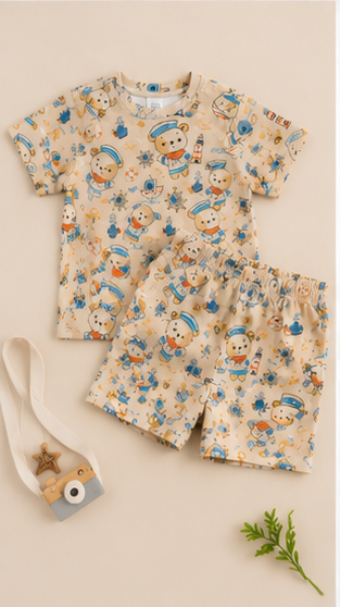 Cute Nautical Teddy Bear Kids Co-Ord Set – Sailor Theme Printed T-Shirt & Shorts for Girls