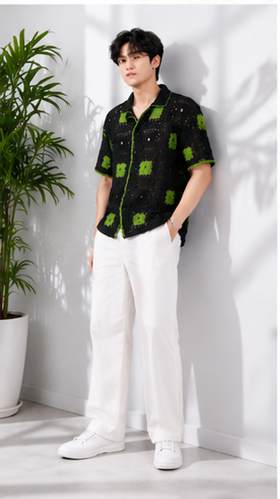 Men's Black & Olive Green Crochet Granny Square Shirt – Premium Handmade Resort Wear Knit Shirt