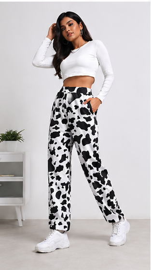 Women Black White Cow Print Pants – Stylish Wide Leg Casual Streetwear Trousers