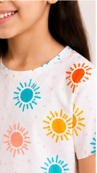 Girls Summer Sun Print Co-Ord Set | Kids Crop Top & Bell Bottom Pants Outfit | Trendy Casual Wear for Girls