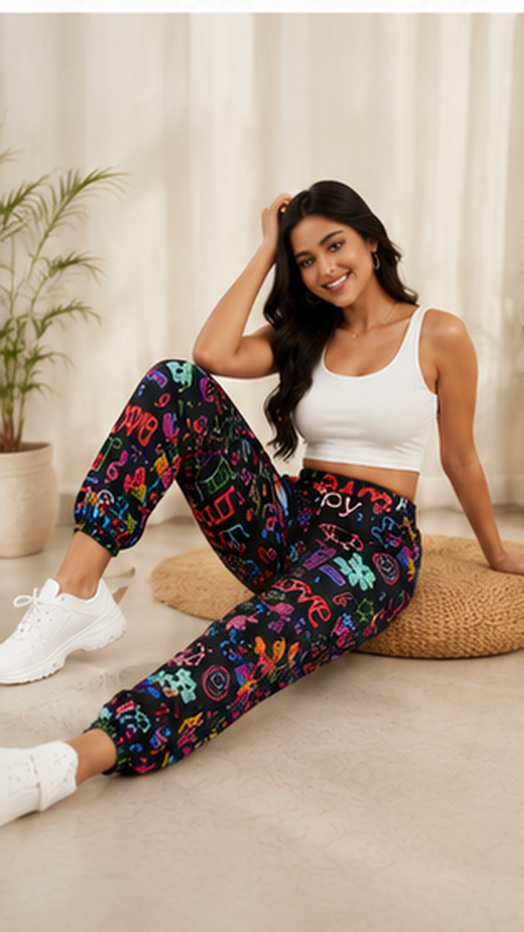 Women Black Neon Printed Joggers – Stylish Casual Lounge & Streetwear Pants