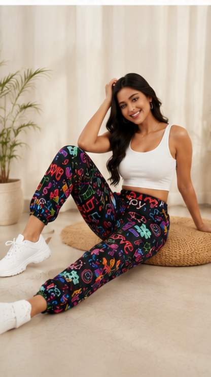 Women Black Neon Printed Joggers – Stylish Casual Lounge & Streetwear Pants