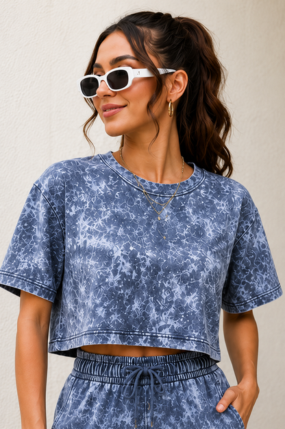 Horcun Women’s Slate Blue Marble Print Co-Ord Shorts Set | Casual Two-Piece Outfit