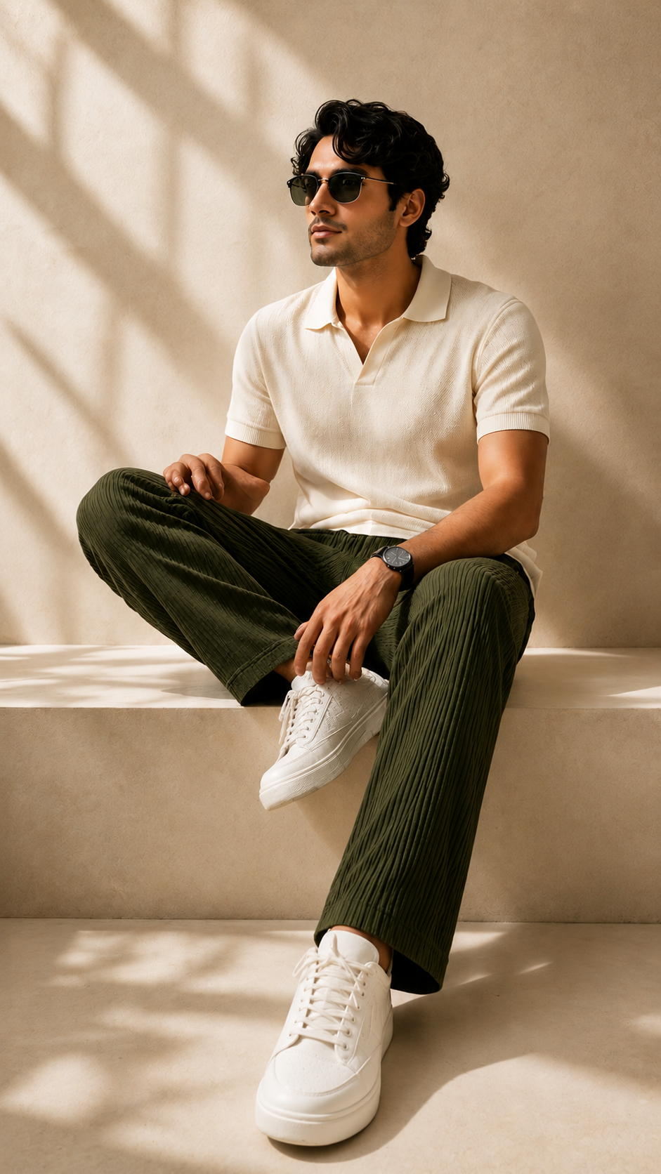 Olive Green Ribbed Track Pants for Men | Premium Relaxed Fit Textured Joggers with Zip Pockets