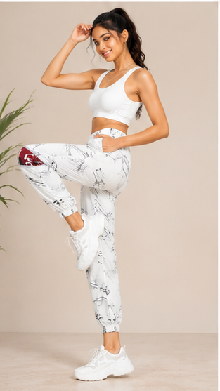 Women White Abstract Printed Joggers – Stylish Casual Lounge & Streetwear Pants