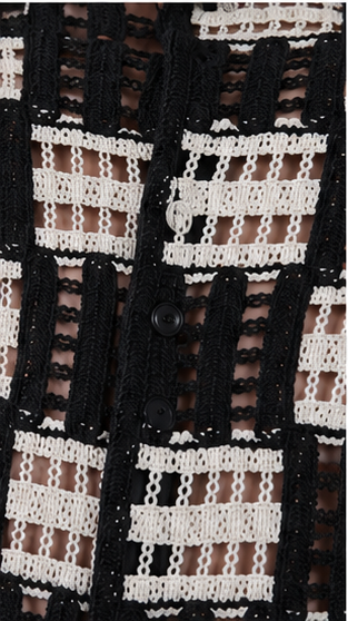 Men's Black & White Geometric Crochet Knit Shirt – Premium Handmade Resort Wear Shirt