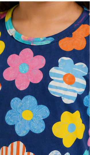 Colorful Floral Print Kids Co-Ord Set – Navy Blue Multicolor Flower T-Shirt & Shorts for Girls