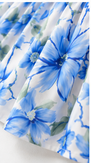 Girls White & Blue Floral Print Fit & Flare Dress (Sleeveless)
