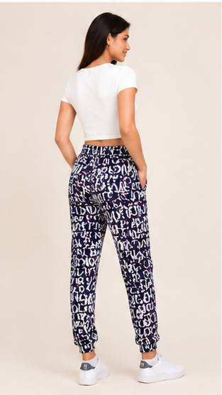 Women Navy Blue Printed Joggers – Stylish Slim Fit Casual Lounge & Streetwear Pants