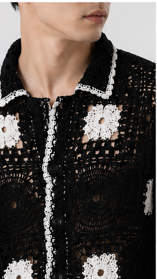 Men's Black Crochet Granny Square Knit Shirt – Handmade Premium Resort Wear Shirt