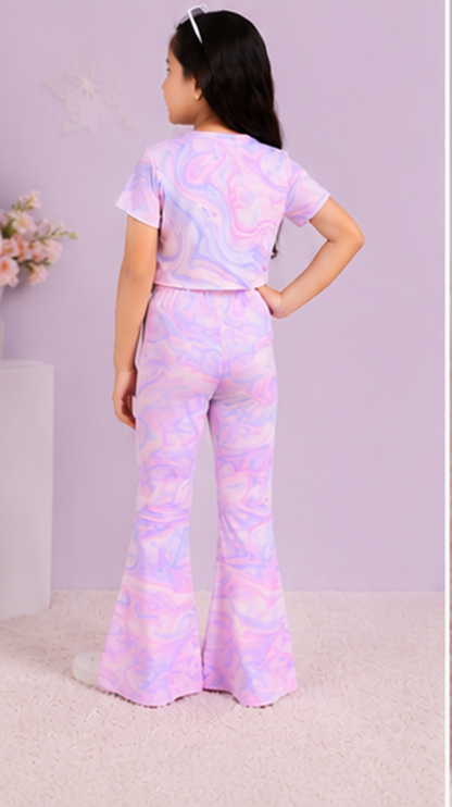Girls Pastel Tie Dye Co-Ord Set | Kids Crop Top & Flared Pants Outfit | Trendy Casual Wear for Girls