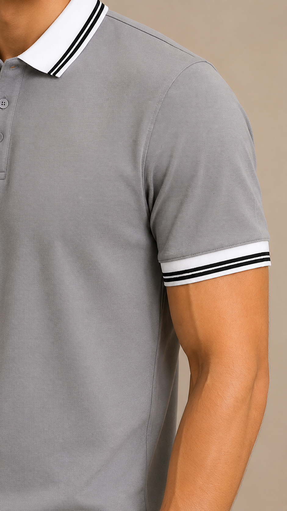 Men’s Premium Light Grey Polo T-Shirt with White Contrast Collar & Sleeve Stripes