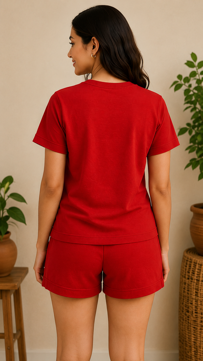 Women’s Red Floral Embroidered Co-Ord Set – Casual T-Shirt & Shorts Lounge Wear