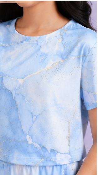 Girls Sky Blue Marble Co-Ord Set | Kids Crop Top & Bell Bottom Pants Outfit | Trendy Western Wear for Girls