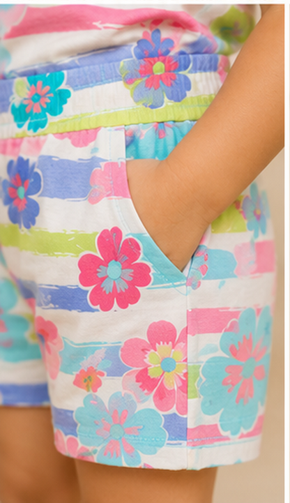 Floral Stripe Kids Co-Ord Set – Multicolor Flower Printed T-Shirt & Shorts for Girls