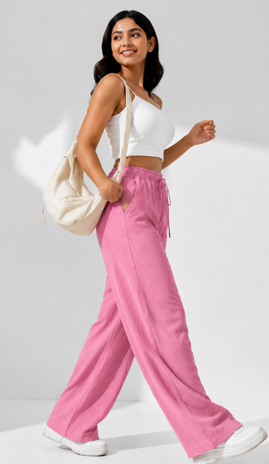 Pink Wide Leg Palazzo Pants for Women | Elastic Waist Crinkle Lounge Trousers
