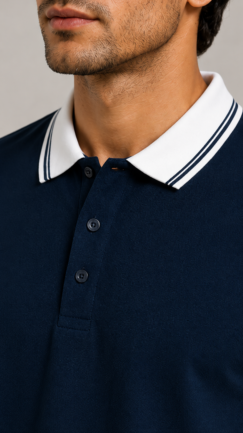 Men’s Premium Navy Blue Polo T-Shirt with White Contrast Collar & Sleeve Stripes