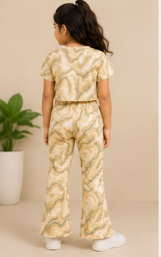Girls Beige Marble Co-Ord Set | Kids Crop Top & Flared Pants Outfit | Trendy Western Wear for Girls