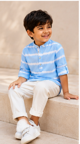 Boys Sky Blue Tie-Dye Striped Mandarin Collar Shirt (Full Sleeve)