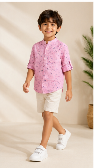 Boys Pink Floral Printed Mandarin Collar Cotton Shirt (Full Sleeve)