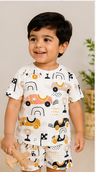 Kids Racing Car Print Co-ord Set | Trendy Car Graphic T-Shirt & Shorts Summer Outfit for Boys