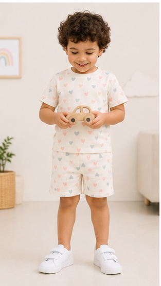 Pastel Heart Print Kids Co-Ord Set – Soft Cotton T-Shirt & Shorts Summer Outfit for Boys & Girls