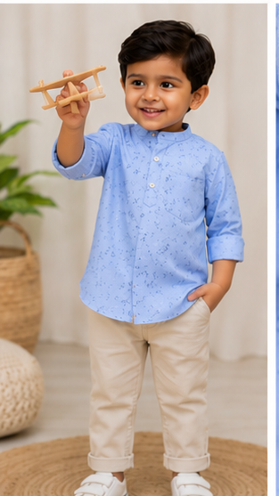 Boys Sky Blue Micro Print Cotton Short Kurta Shirt – Elegant Casual Kidswear