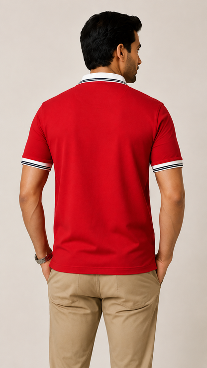 Men’s Premium Red Polo T-Shirt with White Contrast Collar & Sleeve Stripes