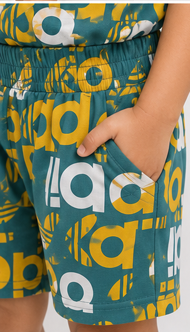 Teal Graphic Typography Kids Co-Ord Set – Bold Logo Style T-Shirt & Shorts for Girls