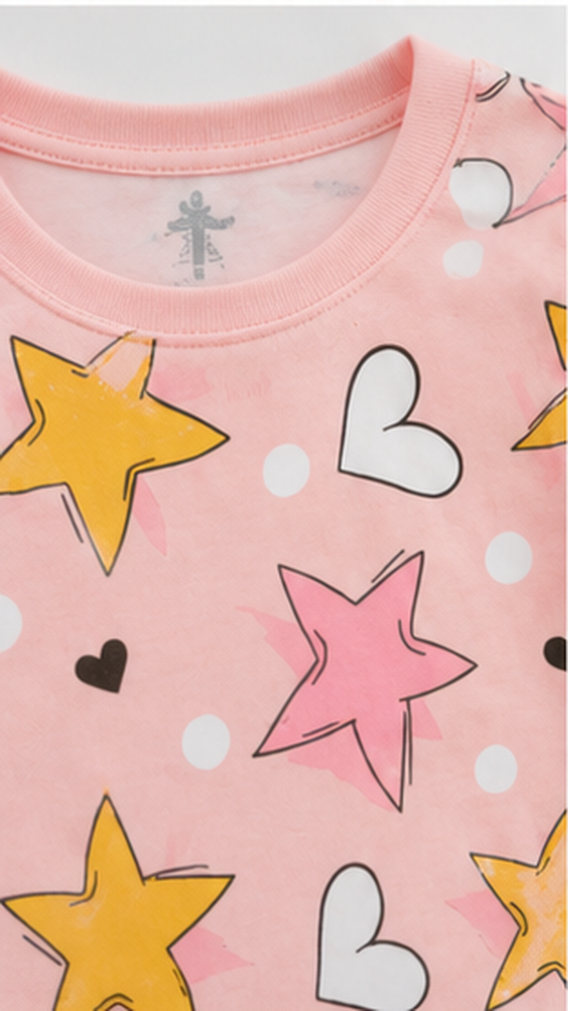 Star & Heart Kids Co-Ord Set – Pink Printed T-Shirt & Shorts for Girls