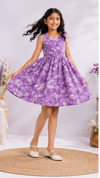 Girls Floral Fit & Flare Dress – Lavender Purple with Botanical Print