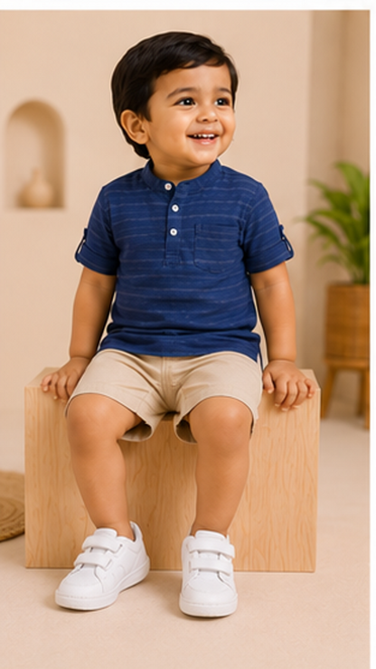 Boys Navy Blue Striped Mandarin Collar Shirt (Full Sleeve)