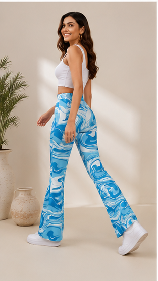 Women Blue Marble Print Flared Pants – Stylish High Waist Casual & Streetwear Trousers