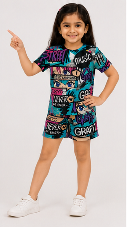 Urban Street Graffiti Print Kids Co-Ord Set – Trendy Graphic T-Shirt & Shorts for Girls