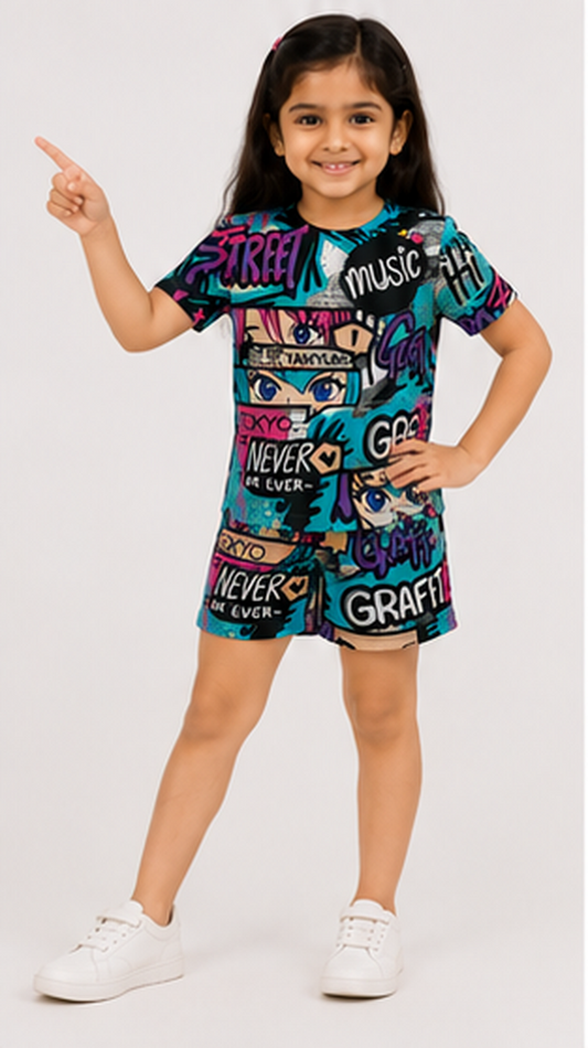 Urban Street Graffiti Print Kids Co-Ord Set – Trendy Graphic T-Shirt & Shorts for Girls