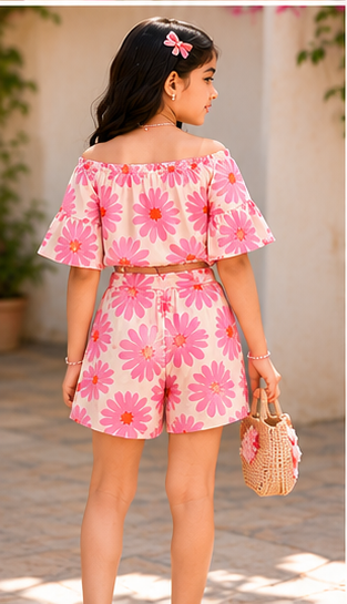 Girls Peach Pink Daisy Floral Off-Shoulder Co-Ord Set – Summer Top & Shorts