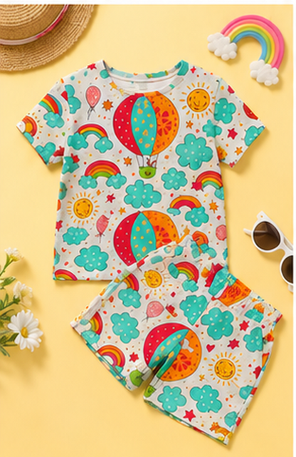 Rainbow Sky Balloon Print Kids Co-Ord Set – Cute Cloud & Sun Graphic T-Shirt & Shorts for Girls