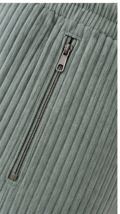Sage Green Ribbed Track Pants for Men | Premium Relaxed Fit Textured Joggers with Zip Pockets
