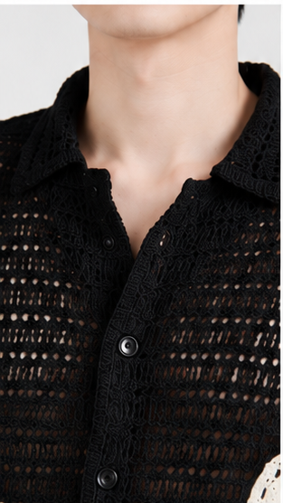 Men's Black Crochet Abstract Floral Shirt – Premium Handmade Open Knit Resort Wear Shirt