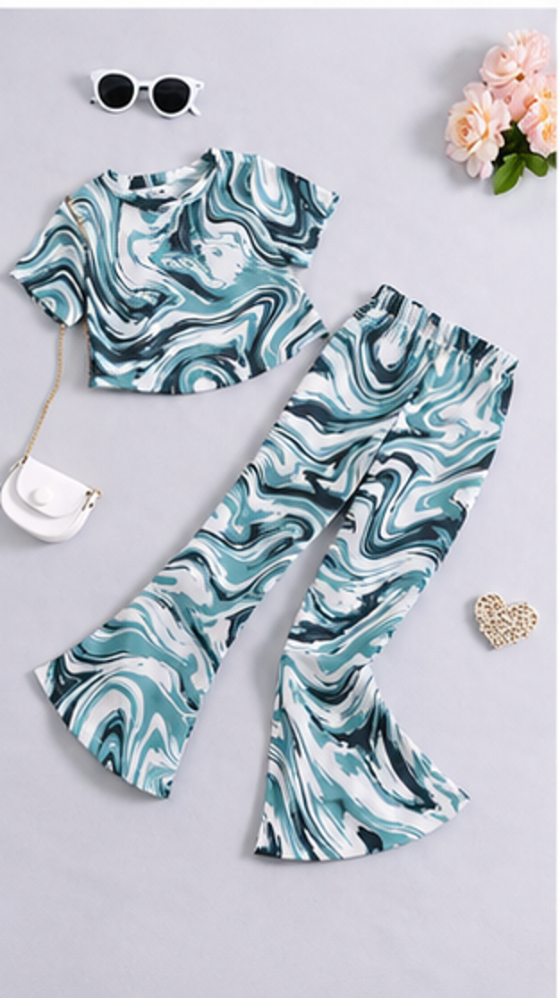 Girls Blue Marble Co-Ord Set | Kids Crop Top & Bell Bottom Pants Outfit | Trendy Western Wear for Girls