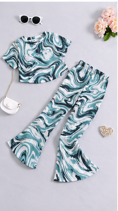 Girls Blue Marble Co-Ord Set | Kids Crop Top & Bell Bottom Pants Outfit | Trendy Western Wear for Girls