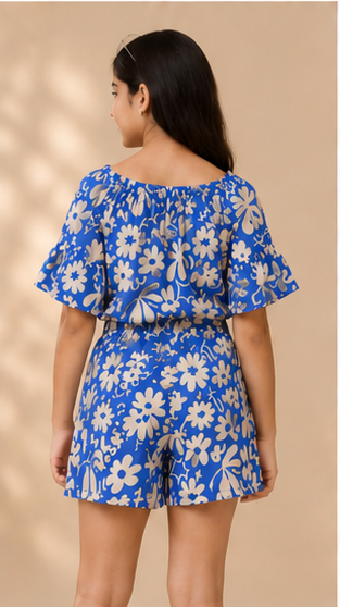 Girls Blue Floral Off-Shoulder Co-Ord Set – Summer Printed Top & Shorts