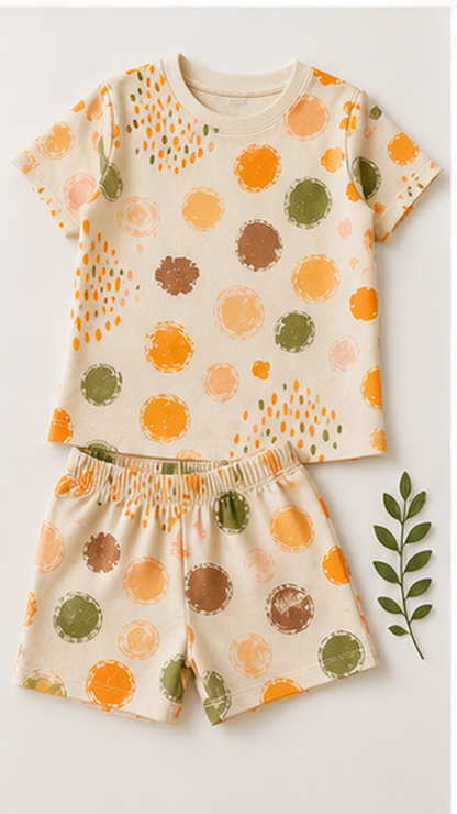Abstract Polka Dot Kids Co-Ord Set – Soft Cotton Printed T-Shirt & Shorts for Girls