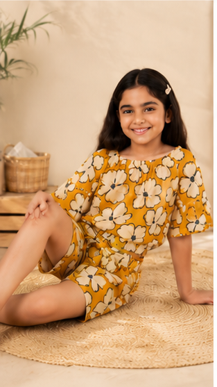 Girls Mustard Floral Off-Shoulder Co-ord Set with Tie-Up Shorts