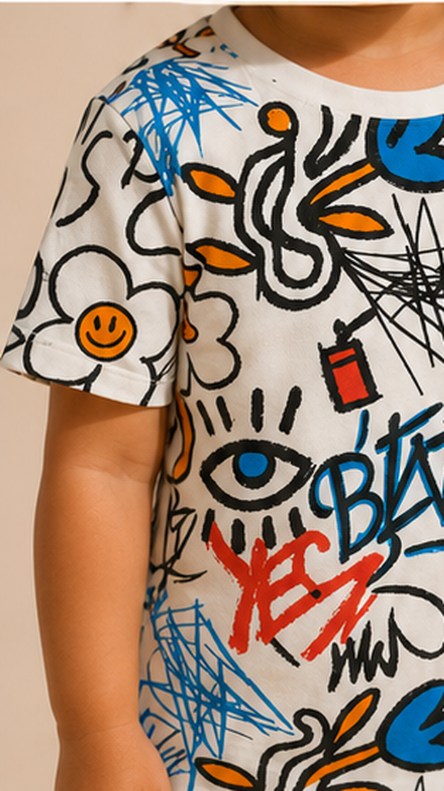 Urban Graffiti Print Kids Co-Ord Set – Trendy Cotton T-Shirt & Shorts for Girls