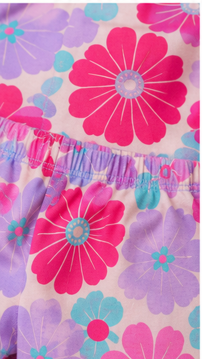 Bold Floral Kids Co-Ord Set – Pink & Purple Flower Printed T-Shirt & Shorts for Girls